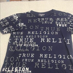 True Religion Navy and White Text Tee